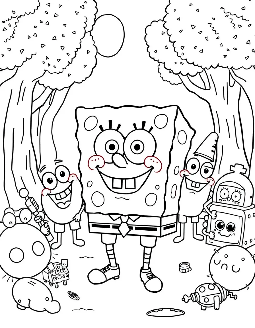 SpongeBob SquarePants smiling and posing with their sidekicks, surrounded by trees, toys, or fun backgrounds.