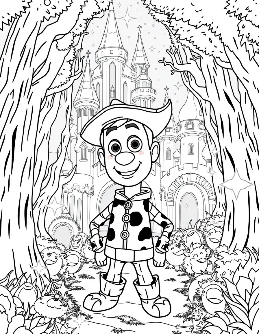 A fantasy background of Woody in a magical forest or castle, with sparkles and mystical creatures.