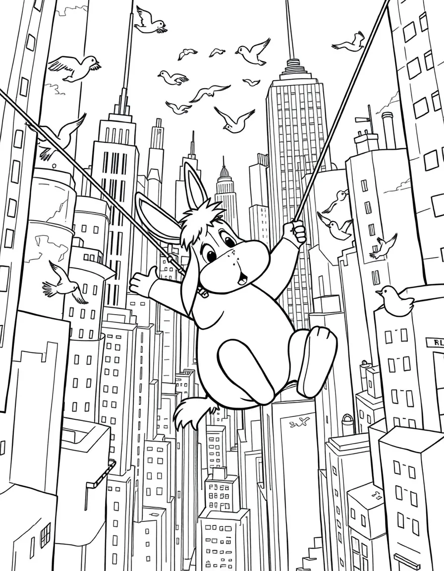 A fun and detailed coloring page of Eeyore swinging through a city full of tall buildings and birds.