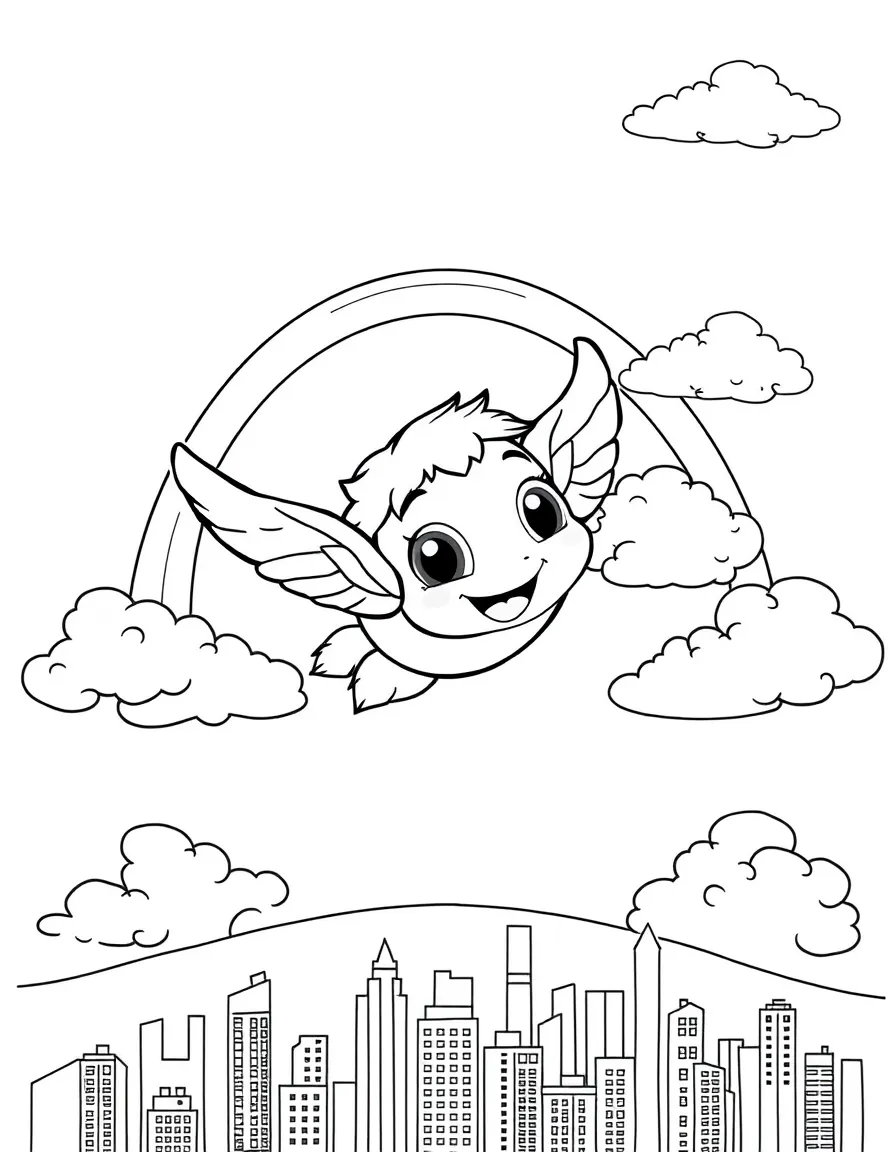 Coco flying through the clouds with a rainbow behind and city skyline below.