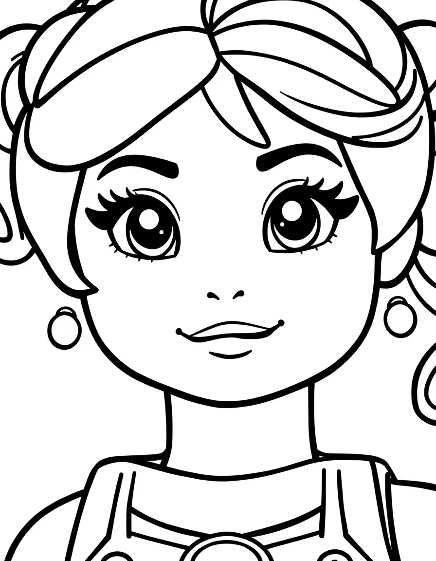 A close-up of Lego Friends's face in bold lines with expressive eyes and detailed costume elements.