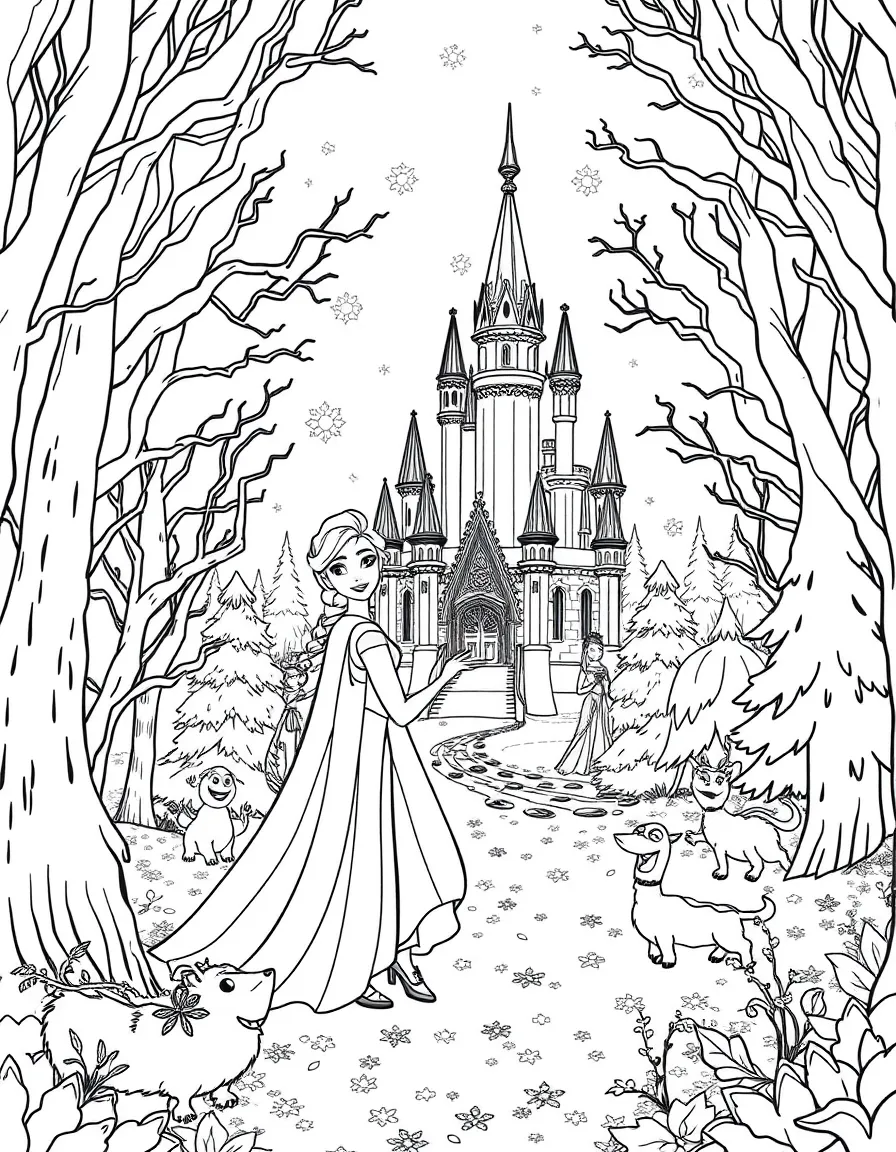 A fantasy background of Frozen in a magical forest or castle, with sparkles and mystical creatures.