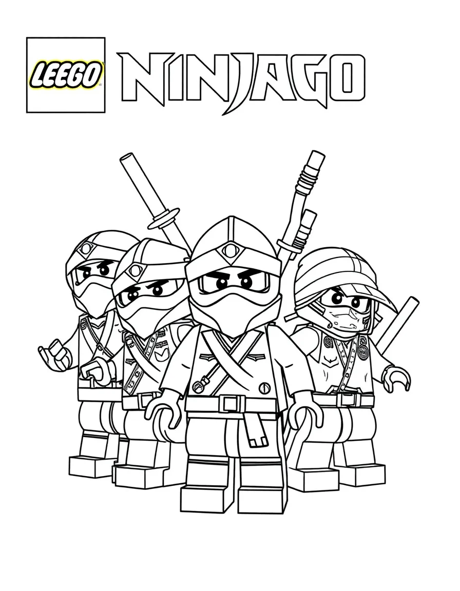A group coloring page featuring Lego Ninjago with other characters from the same show or movie.