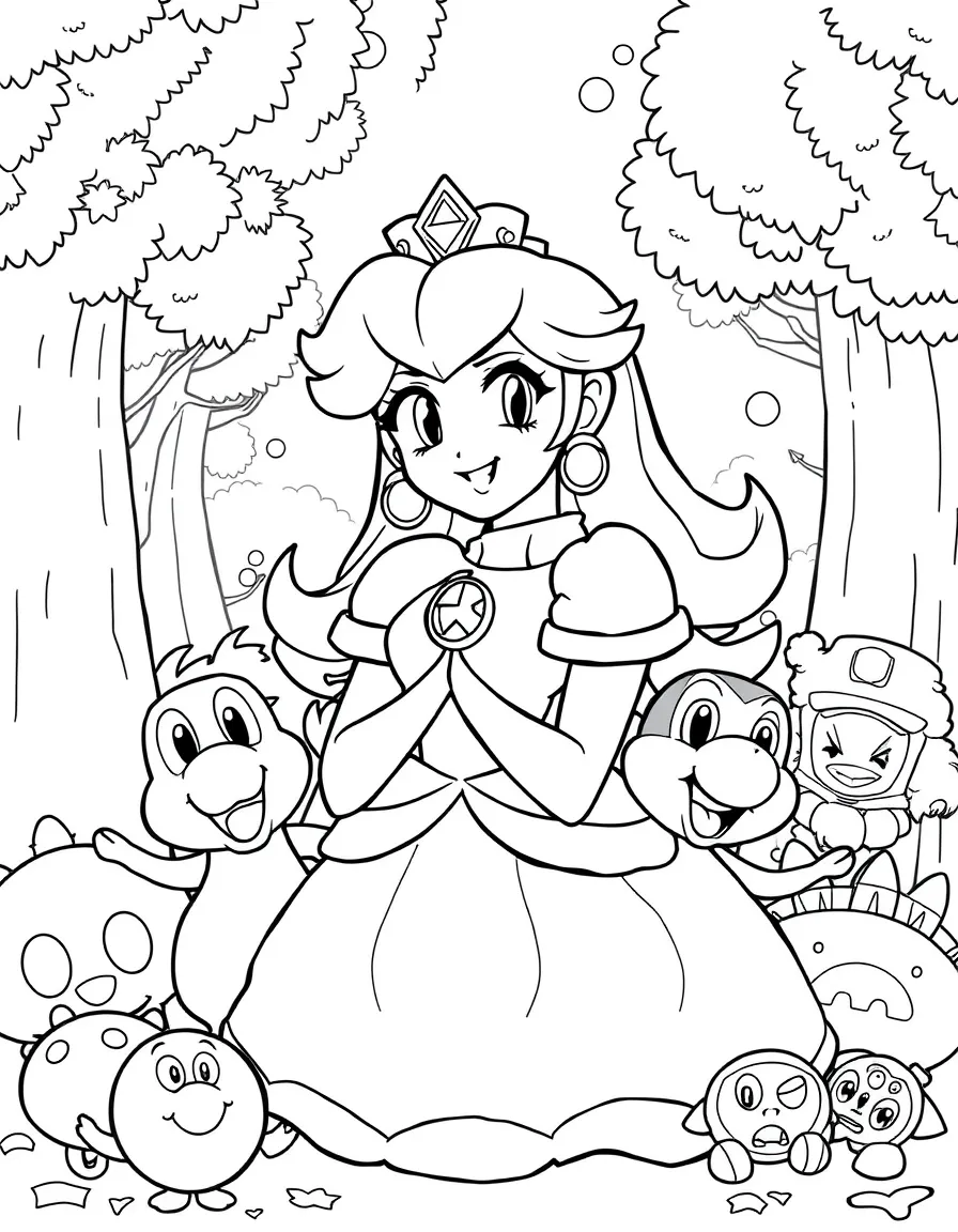 Princess Peach smiling and posing with their sidekicks, surrounded by trees, toys, or fun backgrounds.