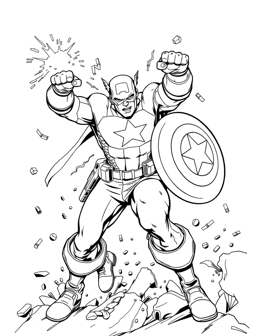 An action-packed scene of Captain America using their special powers in a dramatic battle pose.