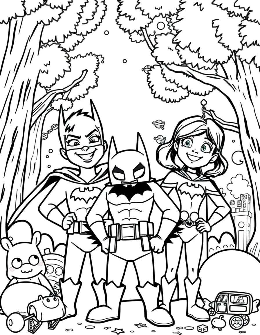 Batman smiling and posing with their sidekicks, surrounded by trees, toys, or fun backgrounds.