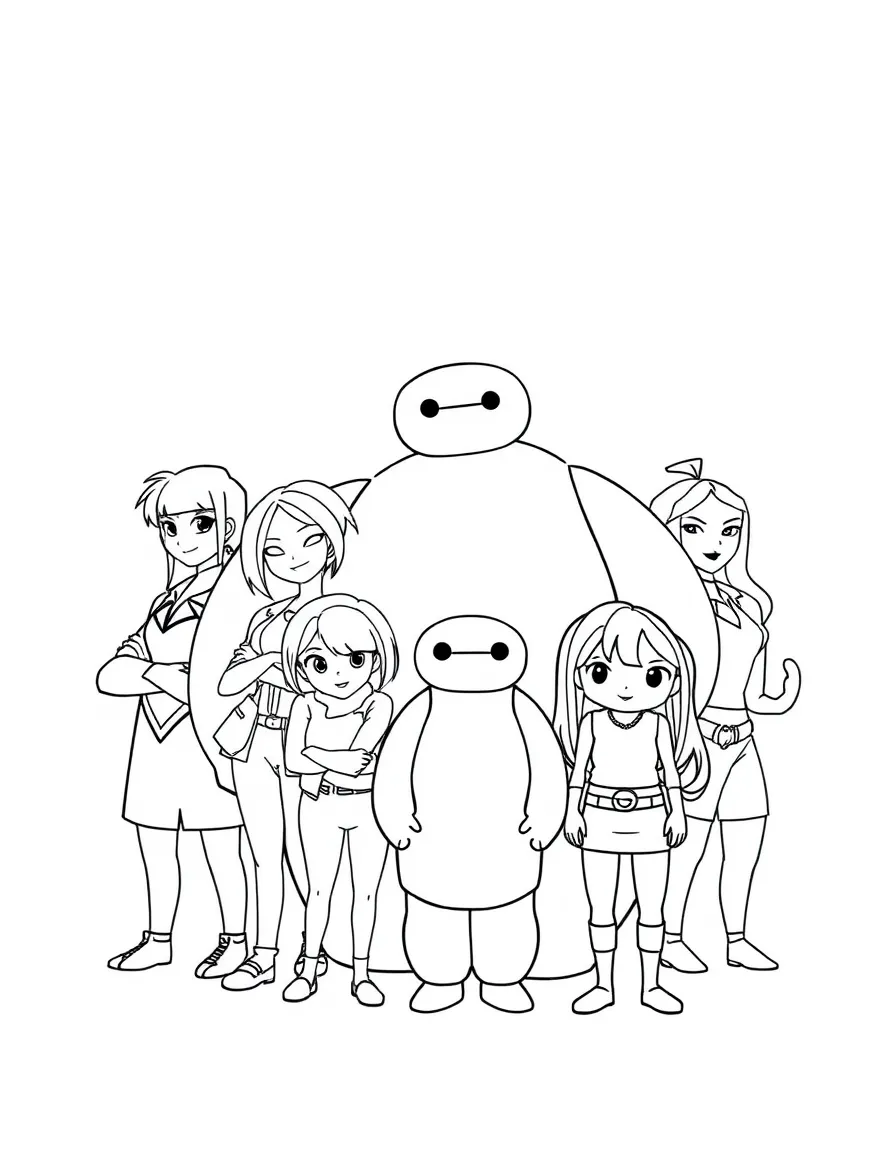 A group coloring page featuring Big Hero 6 with other characters from the same show or movie.