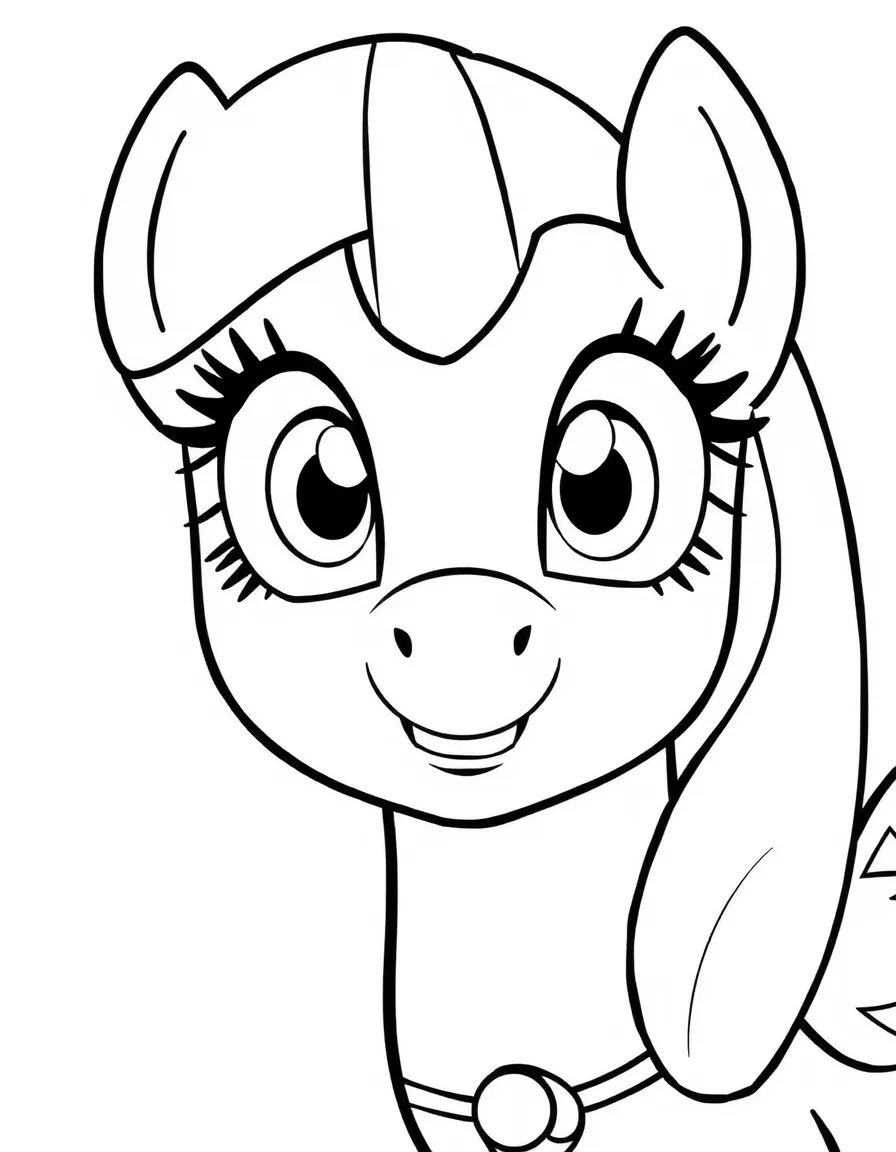 A close-up of My Little Pony's face in bold lines with expressive eyes and detailed costume elements.