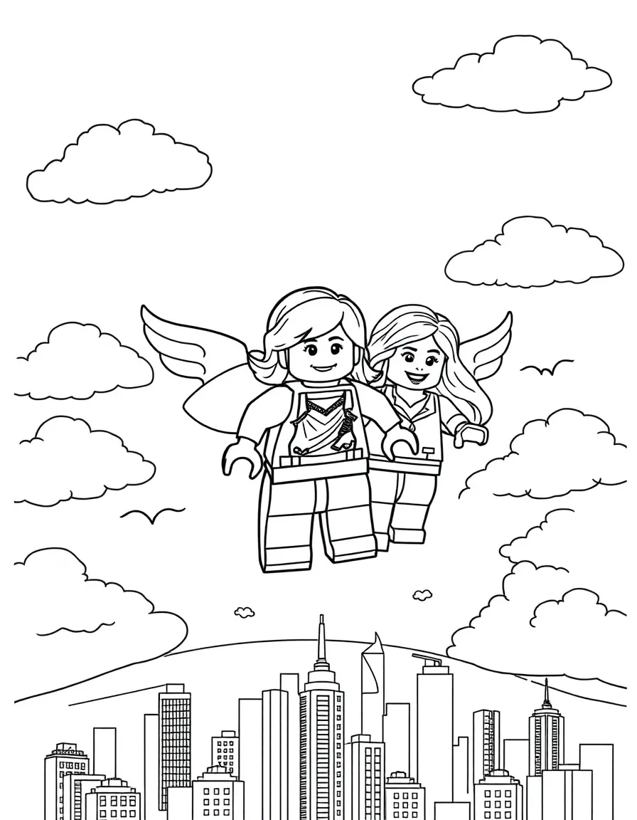 Lego Friends flying through the clouds with a rainbow behind and city skyline below.