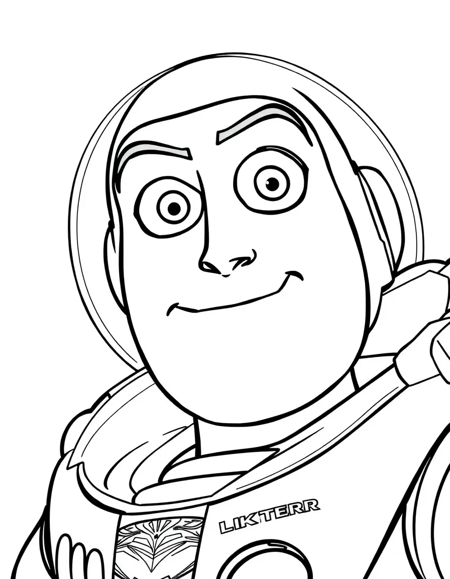 A close-up of Buzz Lightyear's face in bold lines with expressive eyes and detailed costume elements.