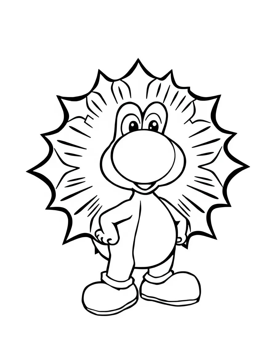 Yoshi standing proudly in front of their iconic logo with stars and comic-style effects around.