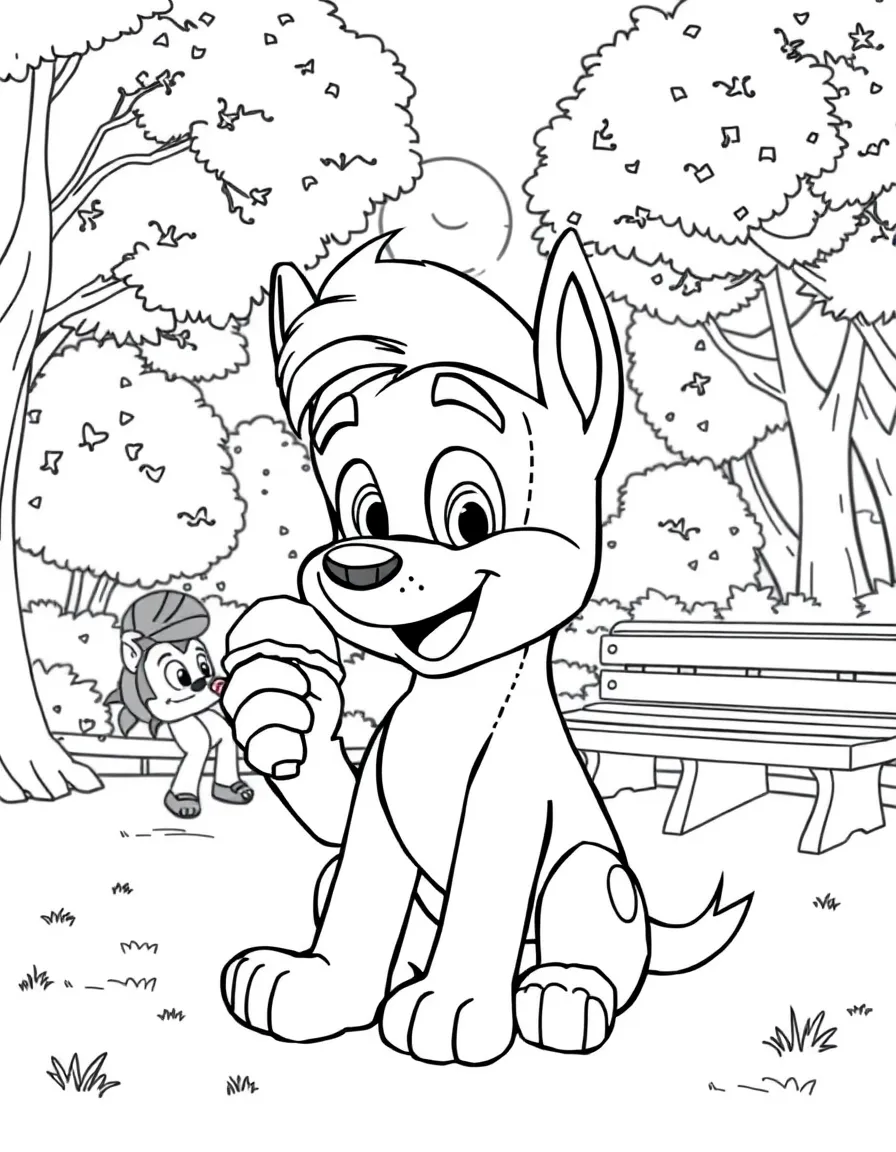 Chase enjoying a day off, eating ice cream or playing with friends in a park setting.