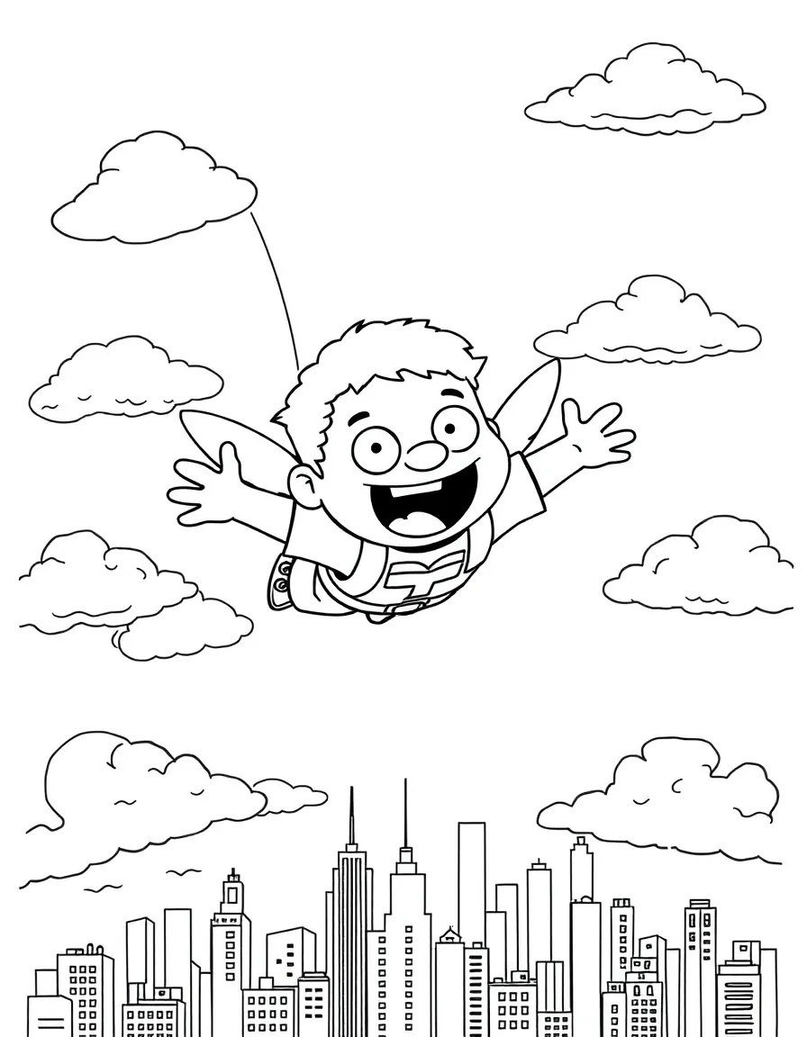 Gru flying through the clouds with a rainbow behind and city skyline below.