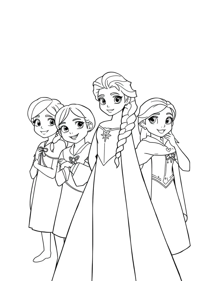 A group coloring page featuring Elsa with other characters from the same show or movie.