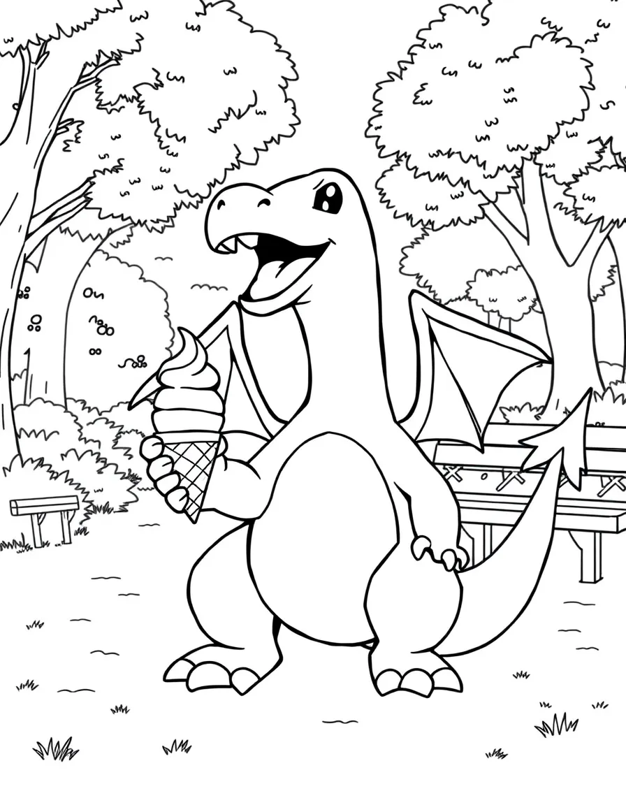 Charizard enjoying a day off, eating ice cream or playing with friends in a park setting.