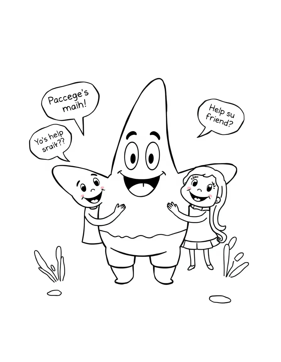 A cartoon-style drawing of Patrick Star helping friends, with speech bubbles and cheerful faces.