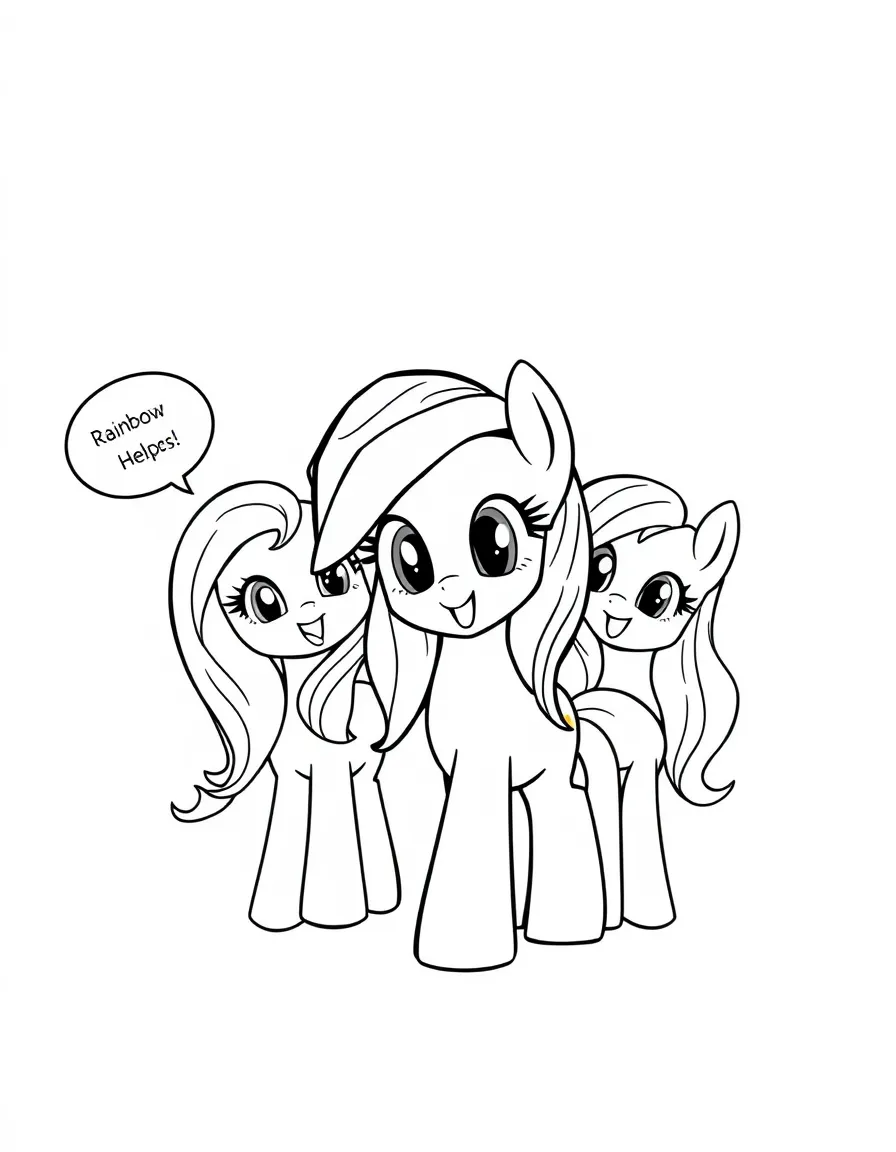 A cartoon-style drawing of Rainbow Dash helping friends, with speech bubbles and cheerful faces.