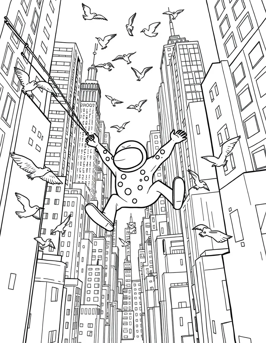 A fun and detailed coloring page of Among Us swinging through a city full of tall buildings and birds.