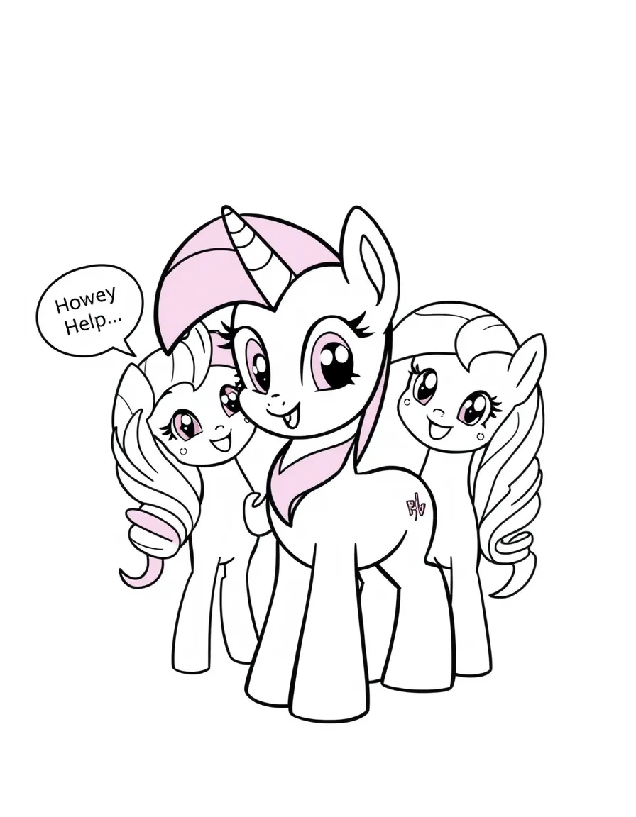 A cartoon-style drawing of Twilight Sparkle helping friends, with speech bubbles and cheerful faces.