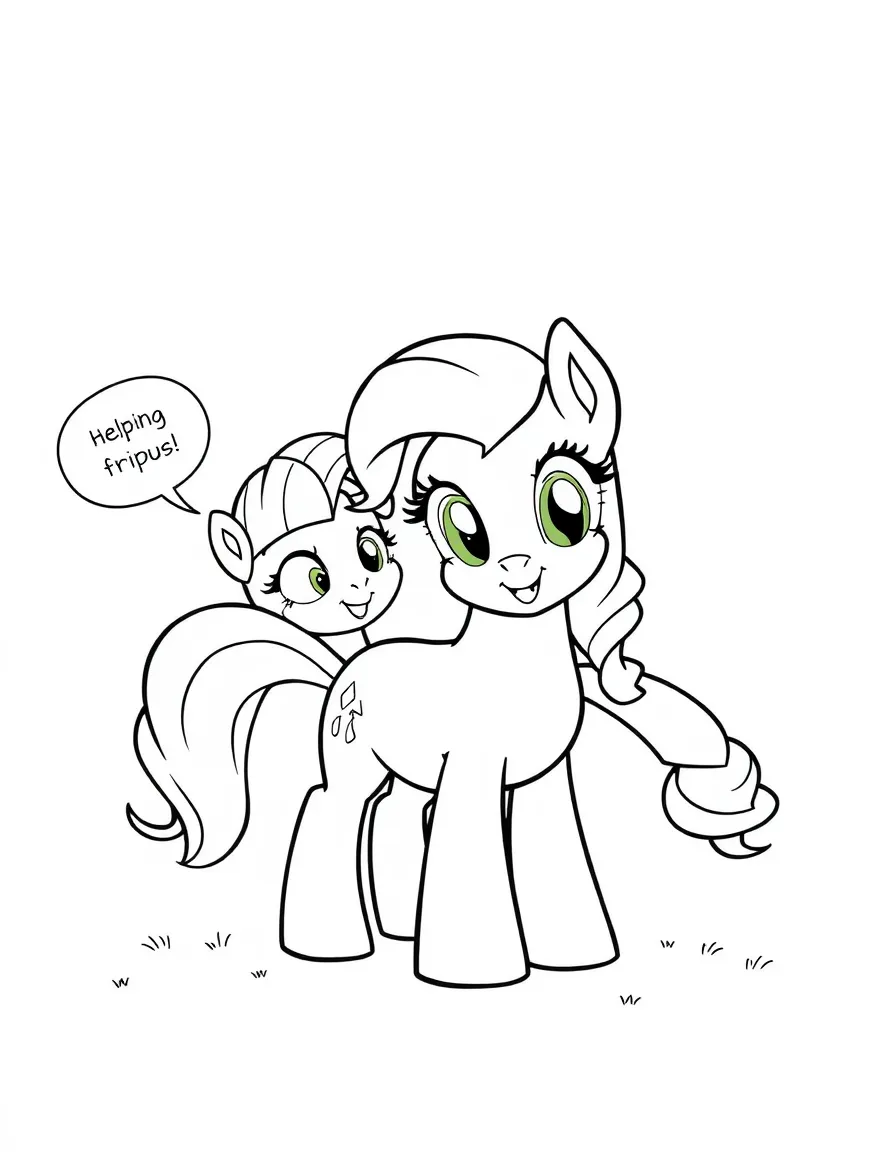 A cartoon-style drawing of Applejack helping friends, with speech bubbles and cheerful faces.