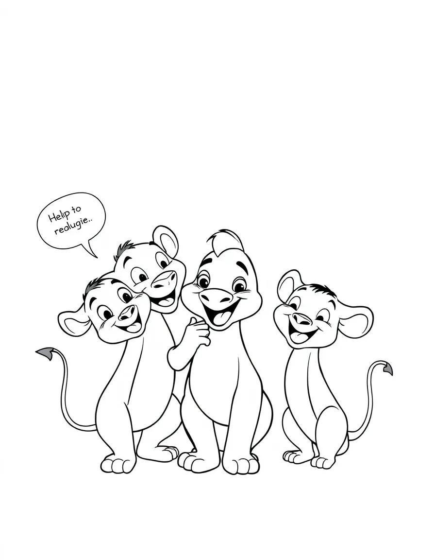 A cartoon-style drawing of Pumbaa helping friends, with speech bubbles and cheerful faces.
