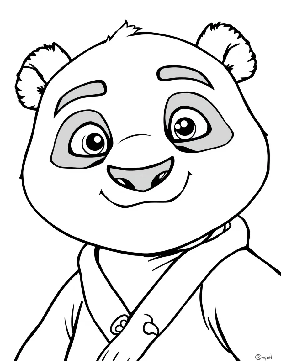A close-up of Kung Fu Panda's face in bold lines with expressive eyes and detailed costume elements.