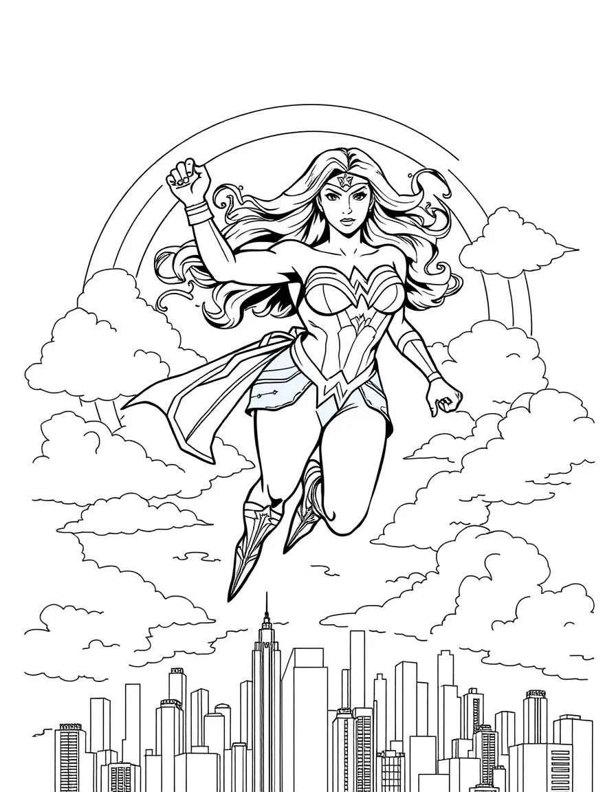 Wonder Woman flying through the clouds with a rainbow behind and city skyline below.