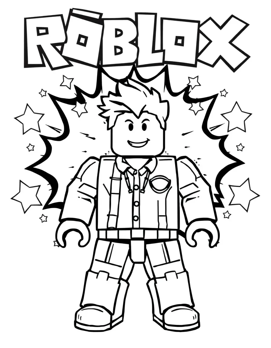 Roblox standing proudly in front of their iconic logo with stars and comic-style effects around.