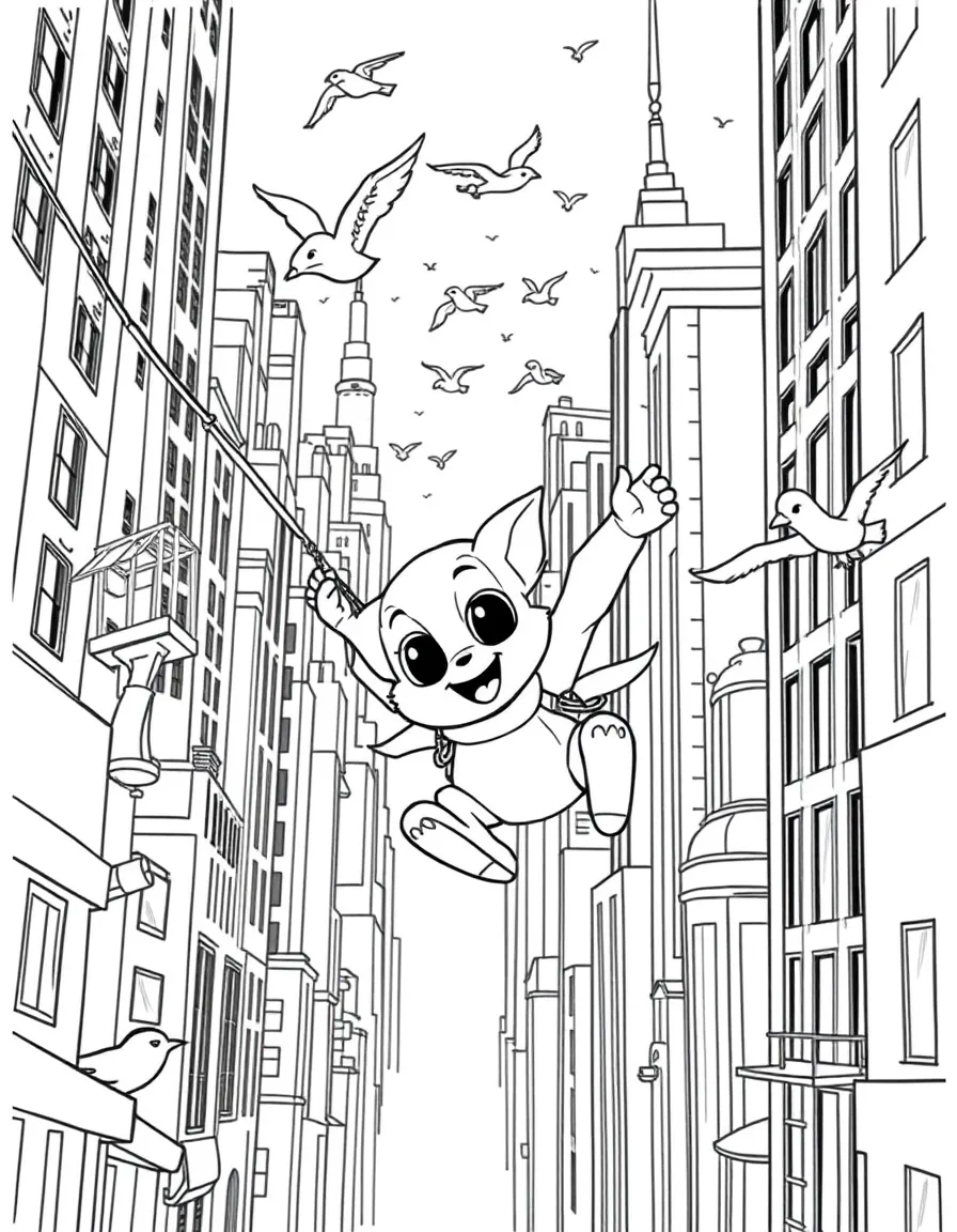 A fun and detailed coloring page of Skye swinging through a city full of tall buildings and birds.
