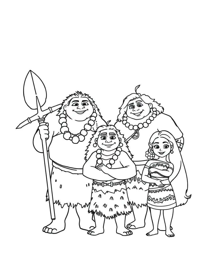 A group coloring page featuring Maui with other characters from the same show or movie.