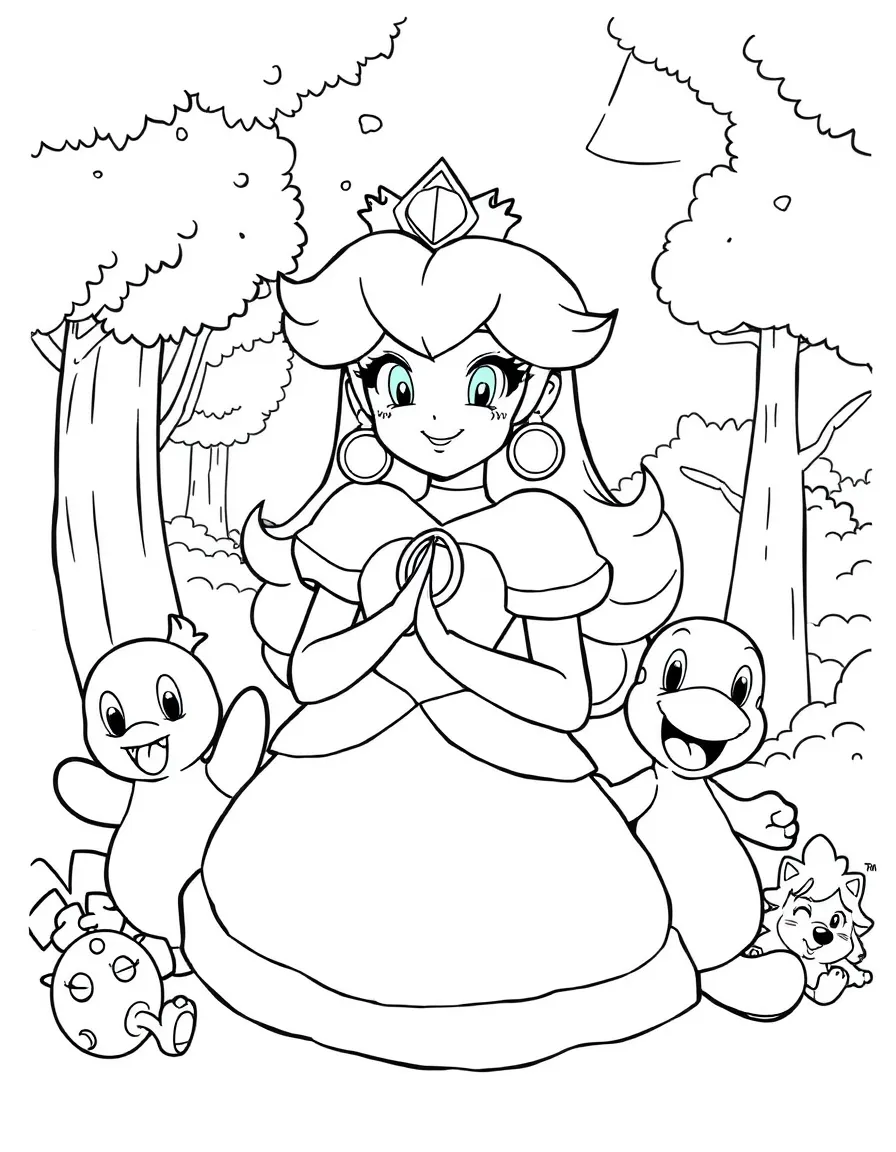 Princess Peach smiling and posing with their sidekicks, surrounded by trees, toys, or fun backgrounds.