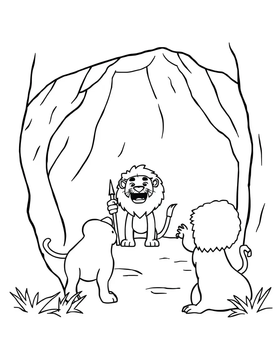 Daniel in the lion's den, illustrated with simple outlines and friendly characters for a children's coloring page.