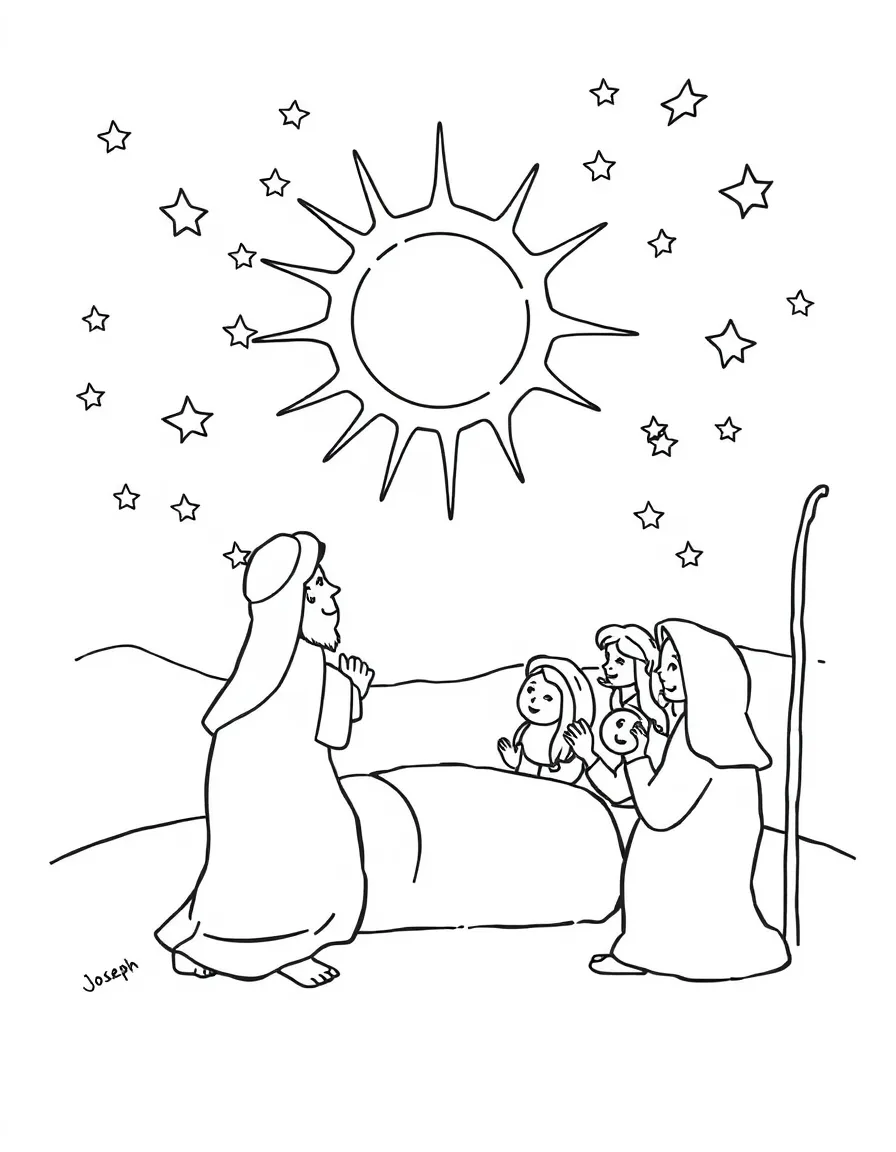 Joseph’s dream with the sun, moon, and stars, illustrated with simple outlines and friendly characters for a children's coloring page.