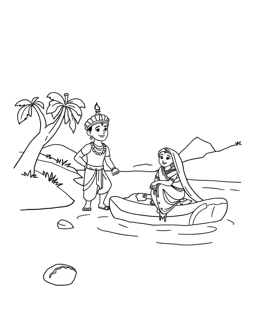 The story of Rama and Sita crossing the river, illustrated with simple outlines and friendly characters for a children's coloring page.