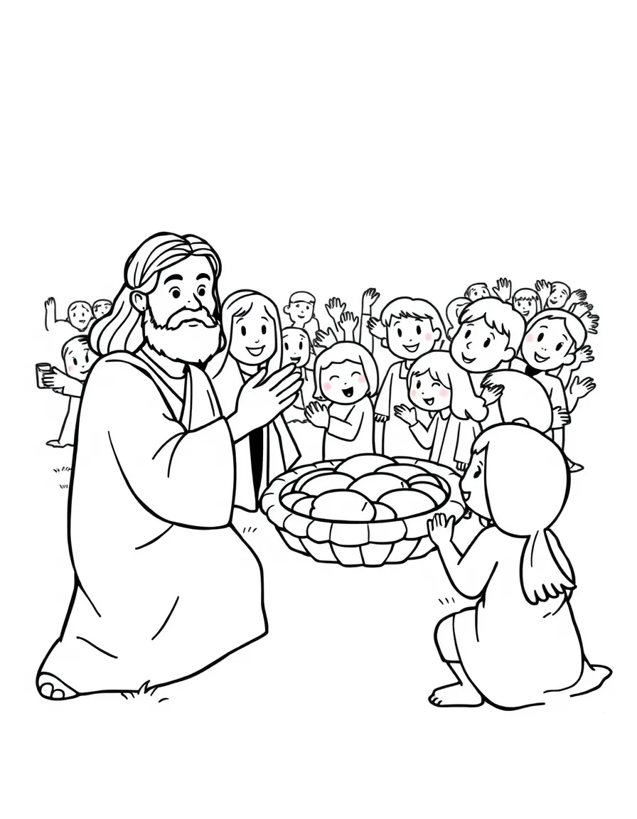 Jesus feeding the 5000 with fish and loaves, illustrated with simple outlines and friendly characters for a children's coloring page.