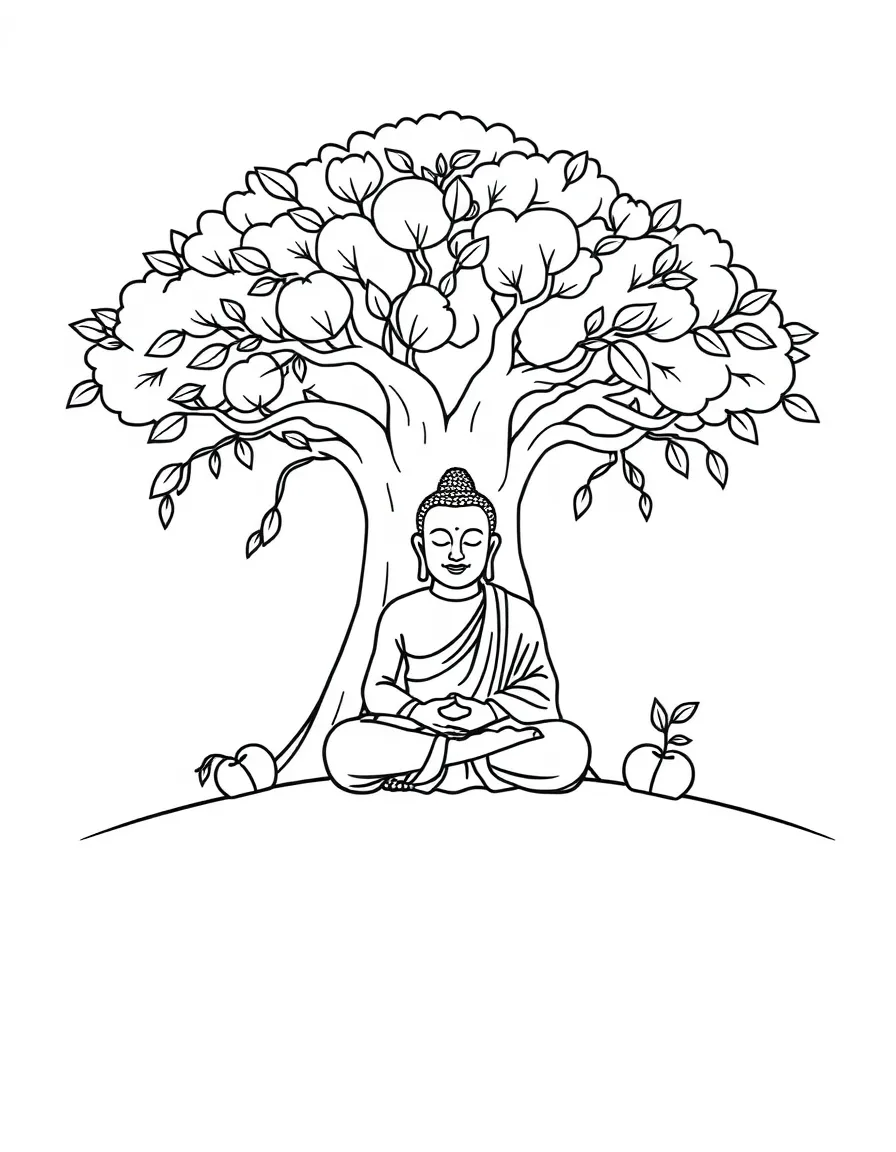 The Buddha meditating under the Bodhi tree, illustrated with simple outlines and friendly characters for a children's coloring page.