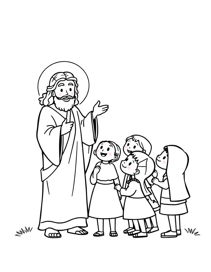 Jesus blessing the children, illustrated with simple outlines and friendly characters for a children's coloring page.