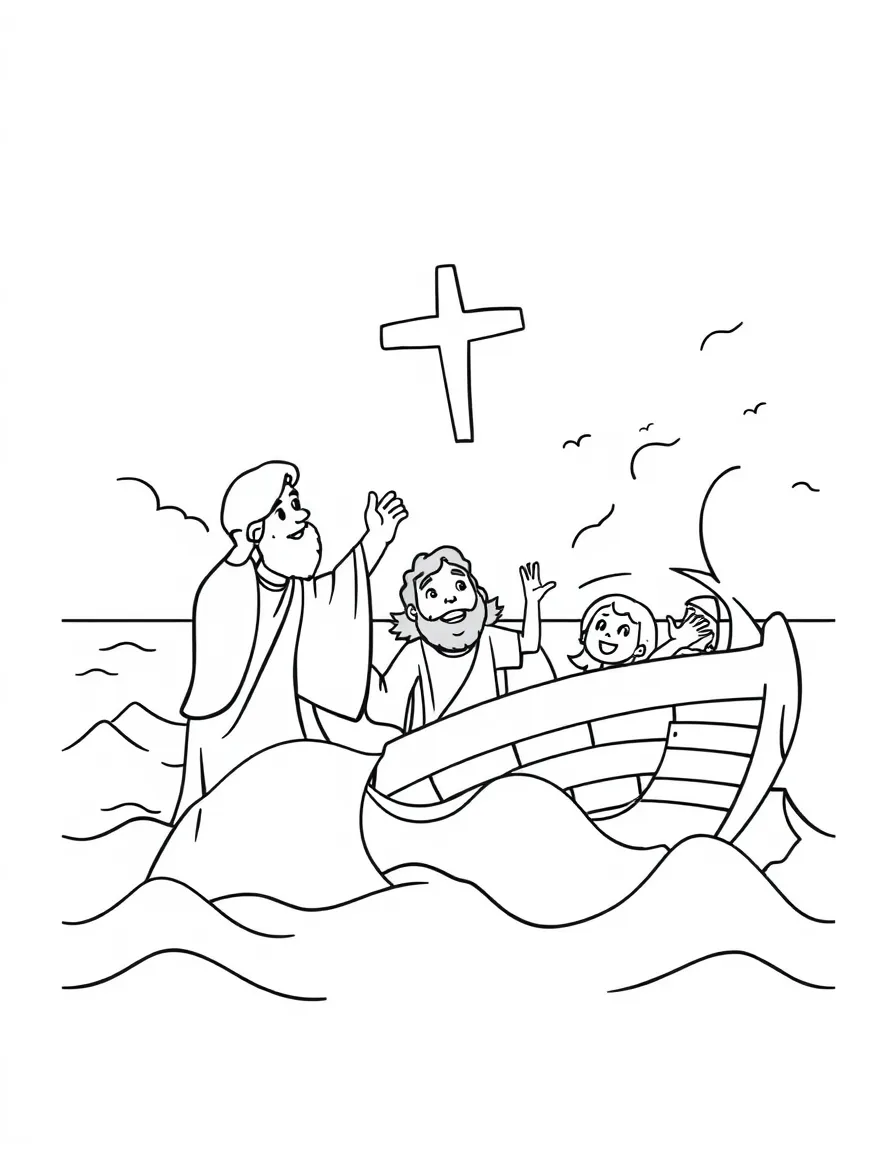 Jesus calming the storm at sea, illustrated with simple outlines and friendly characters for a children's coloring page.