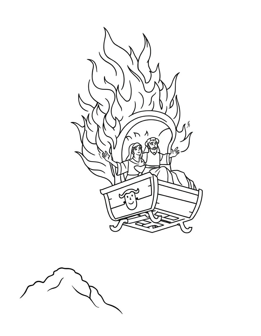 Elijah’s chariot of fire going to heaven, illustrated with simple outlines and friendly characters for a children's coloring page.