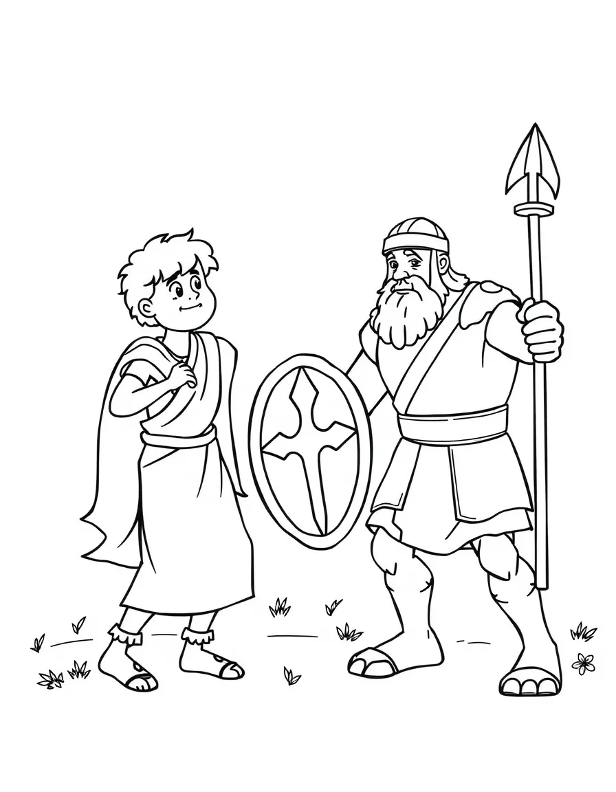 David and Goliath battle scene, illustrated with simple outlines and friendly characters for a children's coloring page.