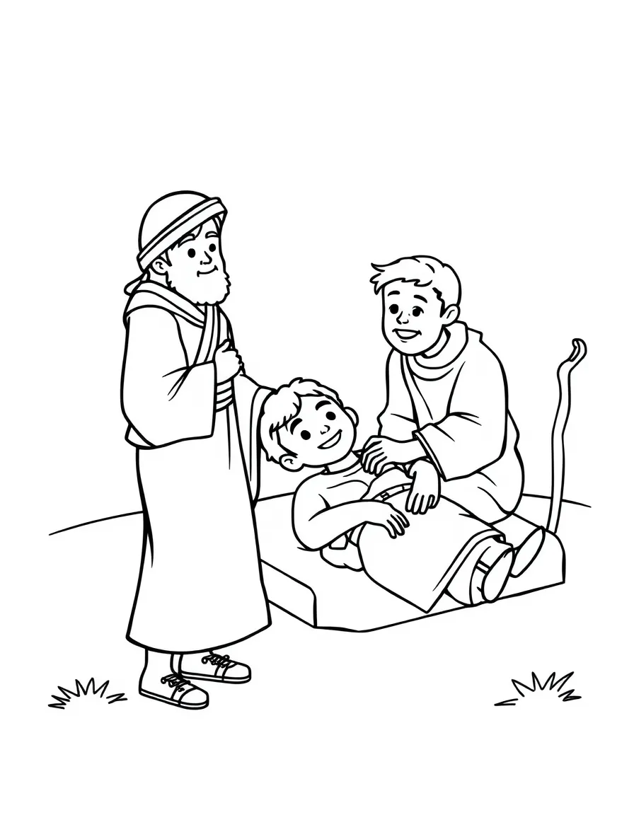 The Good Samaritan helping the injured man, illustrated with simple outlines and friendly characters for a children's coloring page.