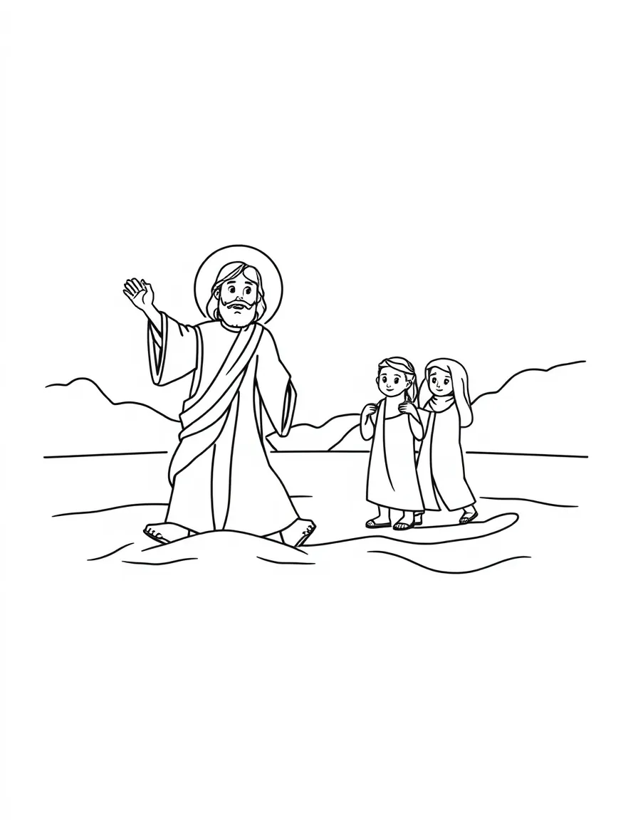 Jesus walking on water, illustrated with simple outlines and friendly characters for a children's coloring page.