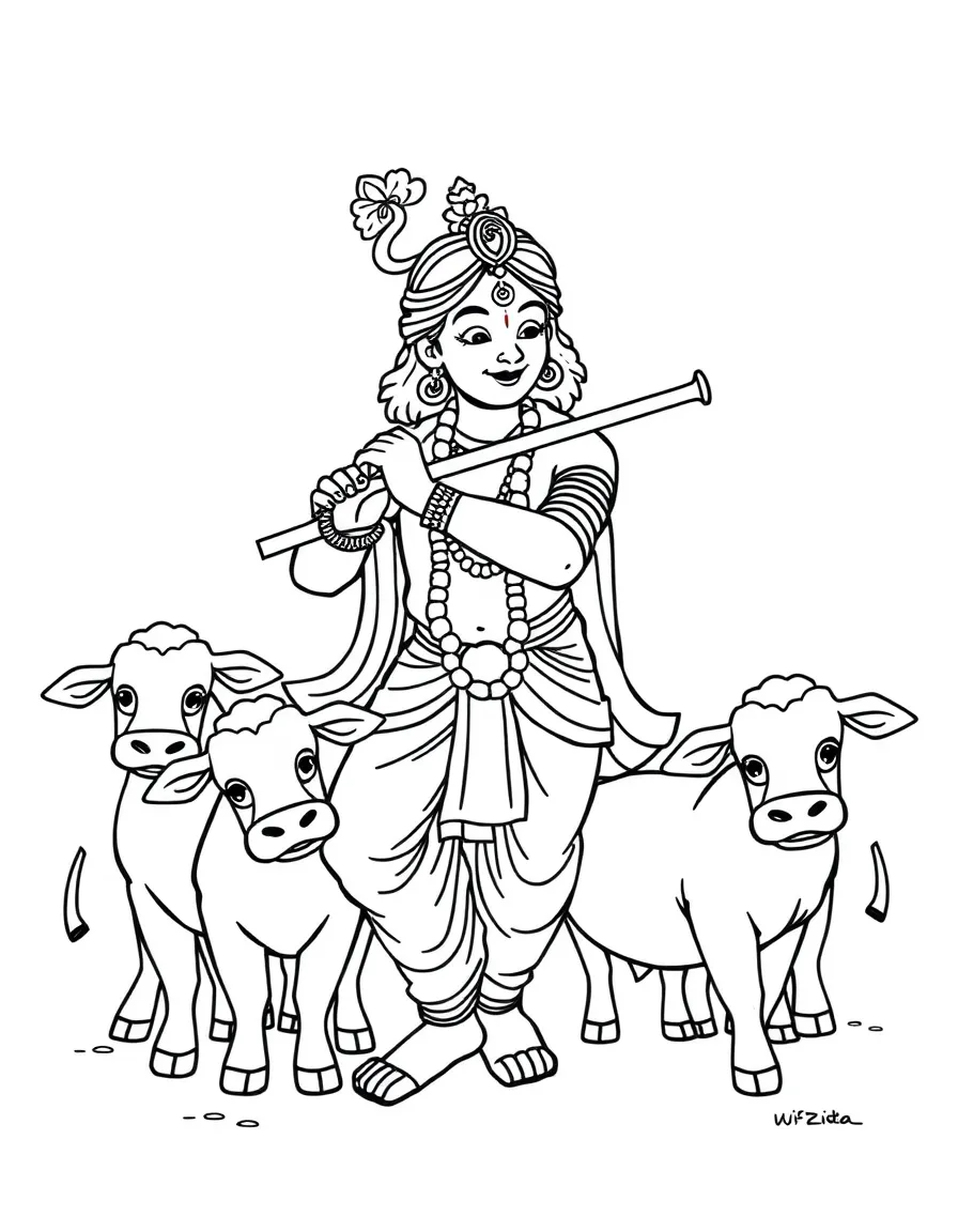 Krishna playing the flute with cows around, illustrated with simple outlines and friendly characters for a children's coloring page.