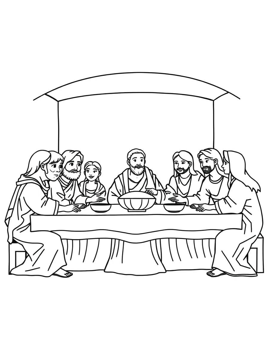 The Last Supper with Jesus and his disciples, illustrated with simple outlines and friendly characters for a children's coloring page.