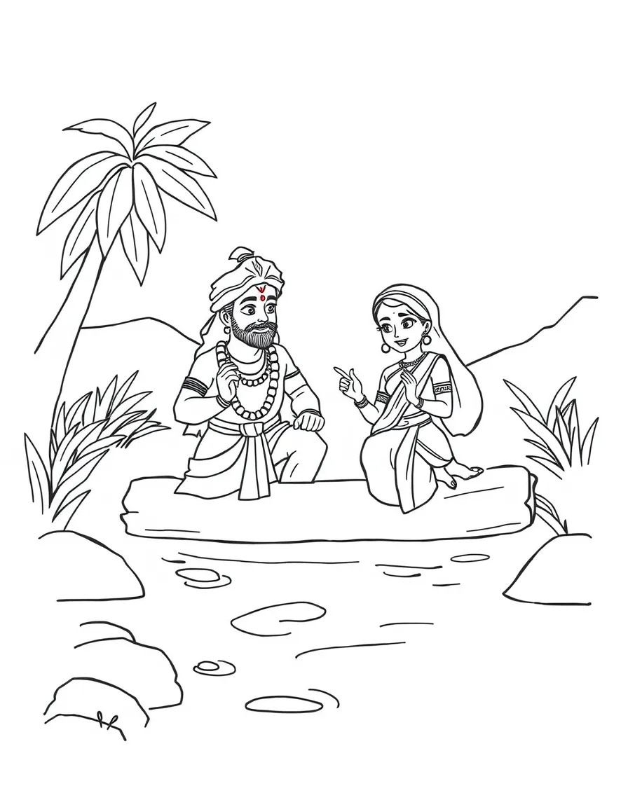 The story of Rama and Sita crossing the river, illustrated with simple outlines and friendly characters for a children's coloring page.