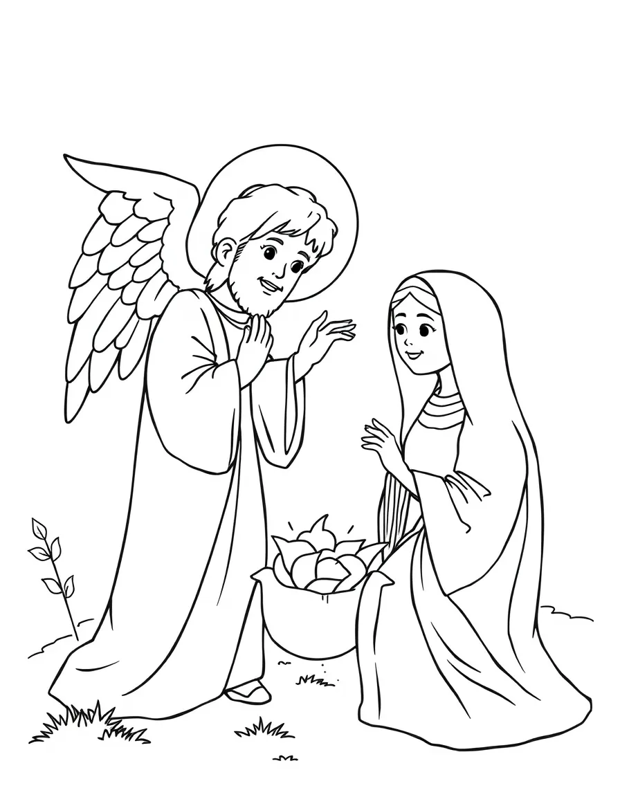 The angel Gabriel appearing to Mary, illustrated with simple outlines and friendly characters for a children's coloring page.