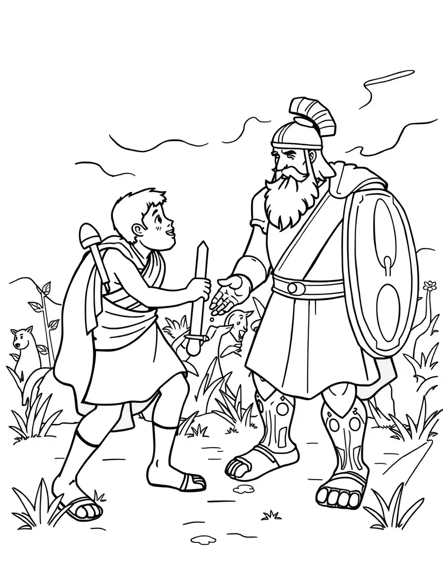 David and Goliath battle scene, illustrated with simple outlines and friendly characters for a children's coloring page.