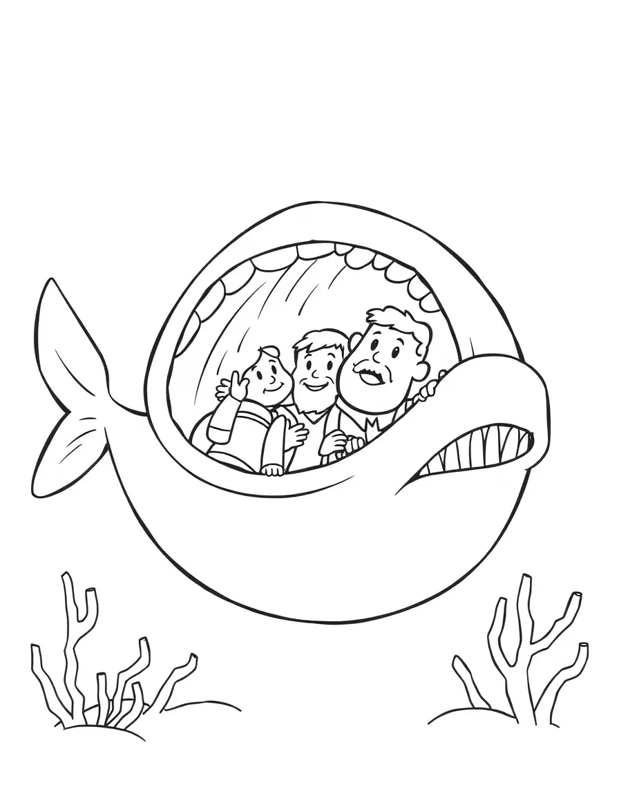Jonah inside the big fish, illustrated with simple outlines and friendly characters for a children's coloring page.