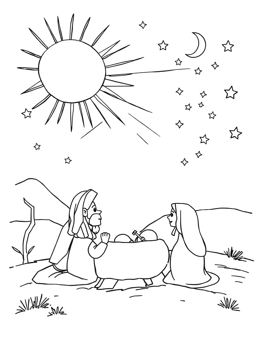 Joseph’s dream with the sun, moon, and stars, illustrated with simple outlines and friendly characters for a children's coloring page.