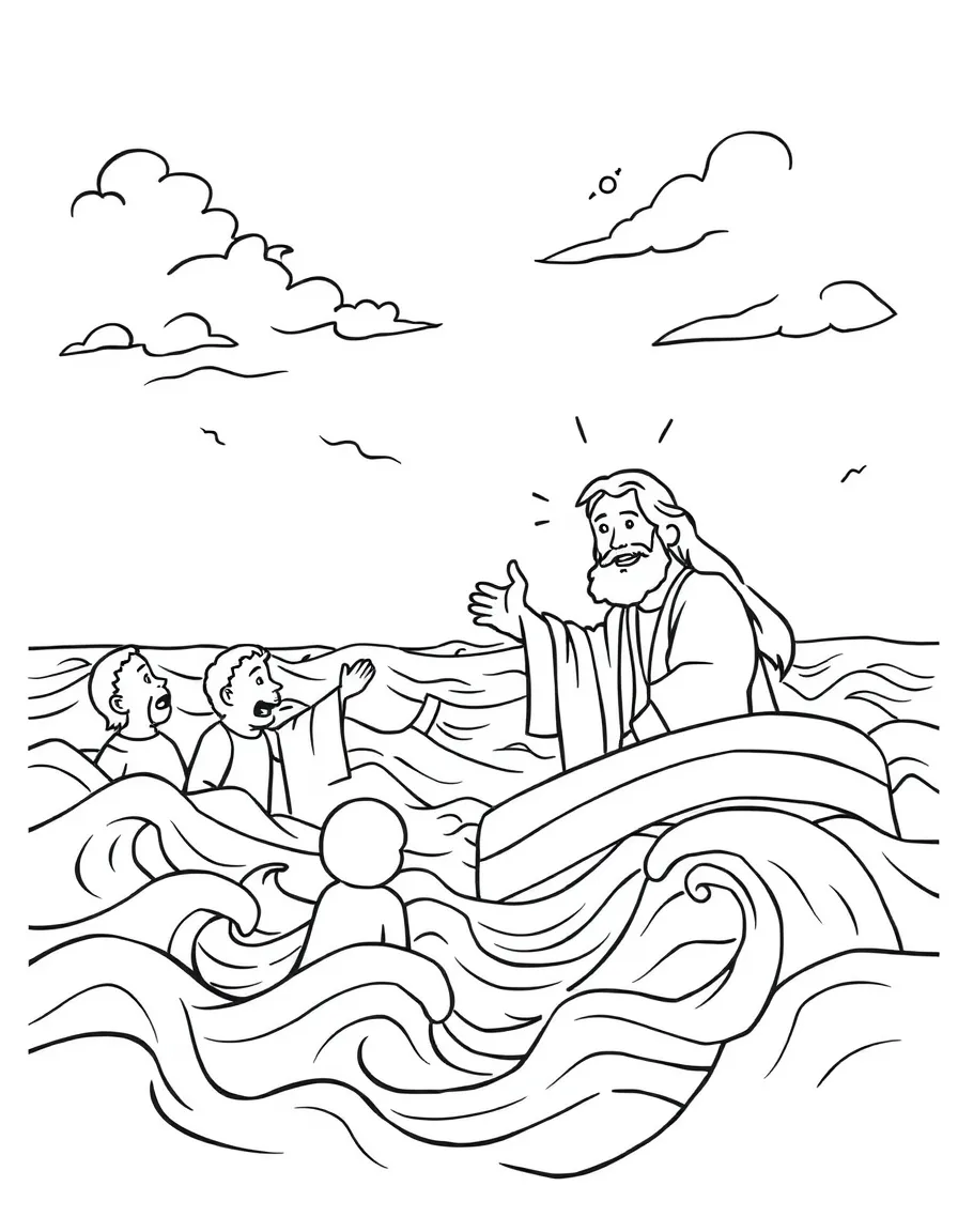 Jesus calming the storm at sea, illustrated with simple outlines and friendly characters for a children's coloring page.